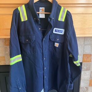Carhartt FR Dark Blue distressed 2XL Shirt with Yellow Stripes & Team Patch